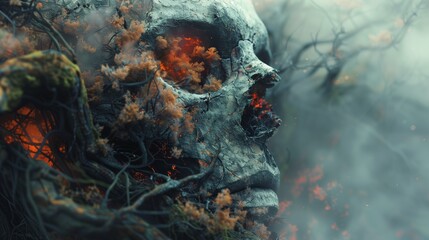 Fototapeta na wymiar Artistic skull in jungle setting with trees, smoke, and camouflage pattern