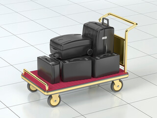 Airport luggage cart with black suitcases and briefcases