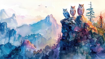 Owls Sharing a Potluck Dinner on a Majestic Mountain Peak at Dusk - obrazy, fototapety, plakaty