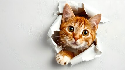 Adorable Orange Tabby Cat Peeking through a Hole in White Paper. Playful and Curious Pet Concept. Perfect for Greeting Cards. AI