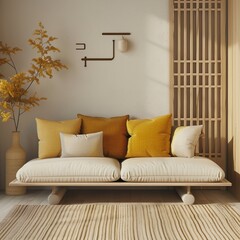 Japanese Aesthetic: Beige Loveseat Sofa with Vibrant Cushions in Modern Interior