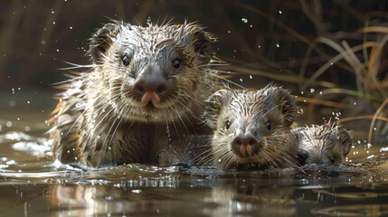 Fototapeta premium Platypus Family Gathering. Mother and Young Wading Through Calm Stream, Close-Knit and Content.