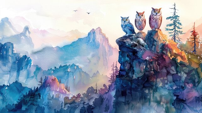 Owls Sharing a Potluck Dinner on a Majestic Mountain Peak at Dusk