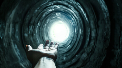 A dark tunnel with a bright light at its end, to which a man's hand reaches out. The concept of hope and getting out of a difficult psychological state thanks to the help of a specialist.
