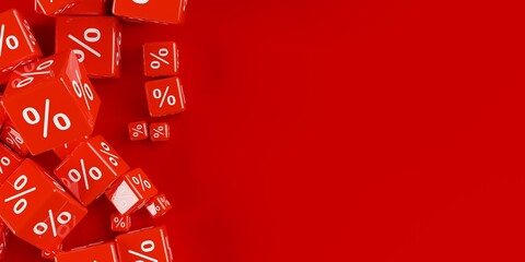 Heap of different sized red cubes or dice with percent sign symbol on red background with copy space, sale, discount or sales price reduction concept