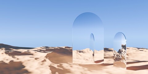 Multiple chrome retro flat geometrical objects in surreal abstract desert landscape with blue sky background, geometric primitive fantasy concept - 784595955