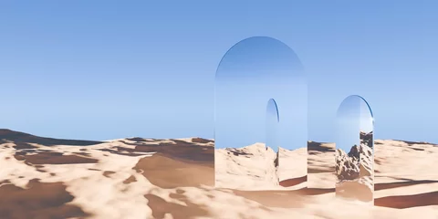 Foto op Plexiglas Multiple chrome retro flat geometrical objects in surreal abstract desert landscape with blue sky background, geometric primitive fantasy concept © Shawn Hempel