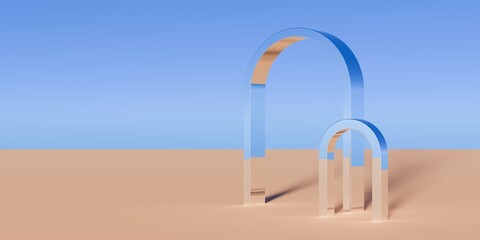 Two chrome retro portal objects in surreal abstract desert landscape with blue sky background, geometric primitive fantasy concept with copy space