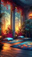 Bring to life the dynamic synergy of a wide-angle gym view during a sunrise yoga session through detailed digital.