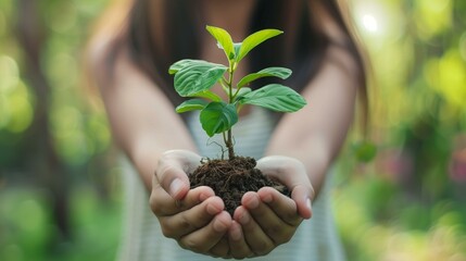 Sustainability, young woman holding plant in her hands, with green background, summer success development tree