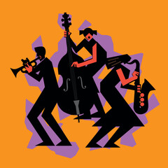 Jazz Band, dixieland, Contrabass, saxophon, trumpet. 
Funny flat design Illustration of two women jazz musicians and man with trumpet. Black silhouettes.