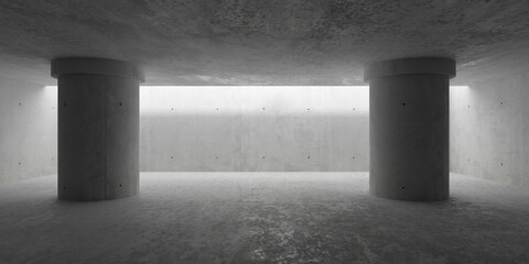 Abstract empty, modern concrete room with round pillars and back ceiling opening and rough floor - industrial interior background template
