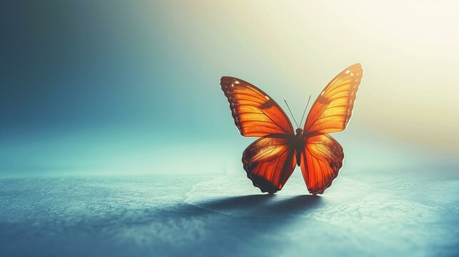 Transformation concept, butterfly on blue background, creativity lepidoptera flower fly