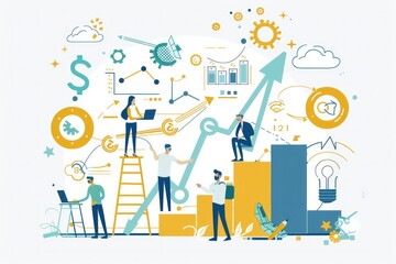 visual concept in trendy flat and linear style illustrates teamwork and business growth. The illustration features people constructing graphics, ideal for banners and infographic design templates. 