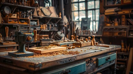 Woodworking shop filled with tools, located in the city - obrazy, fototapety, plakaty