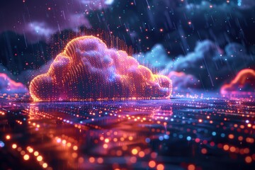 Cloud computing concept. Interconnected data. Big data server. Cloud technology illustration. Generative Ai