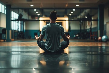 A man is sitting in a large room practicing yoga