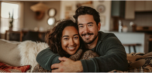 A couple cuddled up on a cozy couch, their faces alight with joy as they pose for a photograph in their comfortable home - obrazy, fototapety, plakaty