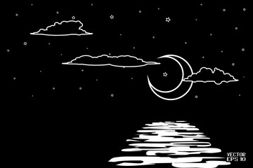 Night Seascape in Perspective. Black and White Clouds and Moon Isolated on Starry Night Background. Futuristic Glowing Banner of Illuminated Waves. Vector. 3D Illustration