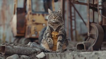 Obraz premium Industrial cat builder. Construction cat worker in industrial setting