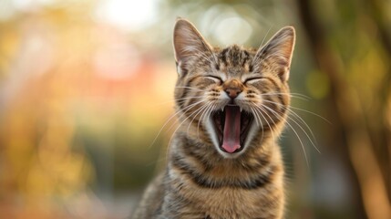 Cat yawns. Close-up feline yawns - obrazy, fototapety, plakaty