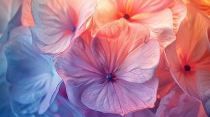 A stunning close-up image of vibrant gradient flower petals with a soft focus. The translucent nature of the petals creates a serene, dreamy atmosphere, ideal for artistic and nature-focused projects.