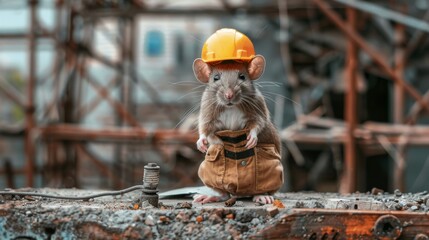 Industrial mouse builder. Construction mouse worker on industrial background - 784597539