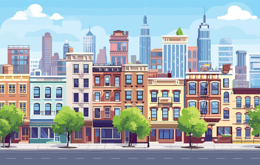 Fototapeta premium Modern city, town street flat vector with low-rise houses, commercial, public buildings in various architecture styles, sidewalk with city lights and road illustration. Metropolis outskirt background