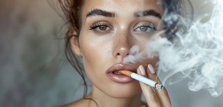 A woman smoking with assurance and resolve in her eyes as she looks into the camera
