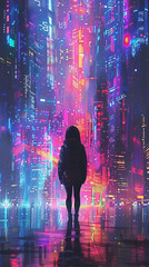 A girl standing in the middle of a futuristic city street with skyscrapers and bright lights.