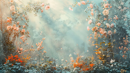 A dreamlike garden scene bathed in soft sunlight and mist, featuring delicate pink flowers and lush foliage.