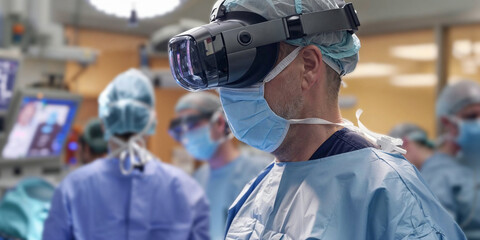 Doctor wearing VR goggles in an operating room