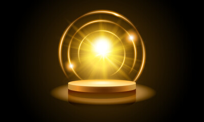 Background with gold podium. Golden stage on backdrop stars spotlight effect and dark sky space. Horizontal vector illustration.