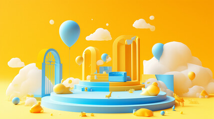  Ethereal Portal to Imagination: 3D Render of Cloud and Door on Vibrant Yellow Background