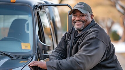 Create an image capturing the cheerful demeanor of a black truck driver, leaning casually on his vehicle and looking directly at the camera. 
