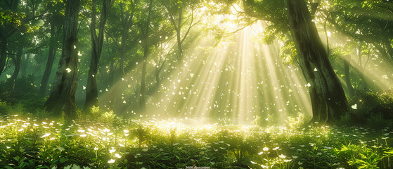 Fototapeta na wymiar Sunlit Forest Path with Golden Sunbeams Through Morning Mist, Serene and Enchanting Woodland