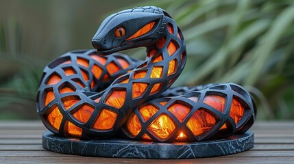 Coiled snake statue on the table, Protector of Forbidden Treasures.