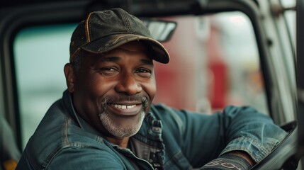 Create an image capturing the cheerful demeanor of a black truck driver, leaning casually on his vehicle and looking directly at the camera. 