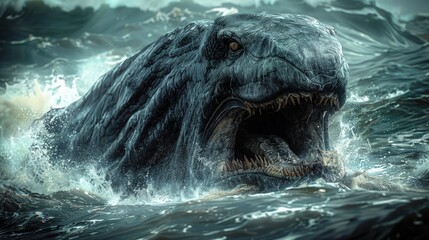 The Great Serpent emerged from the depths of the ocean during a storm.