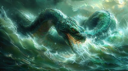 Huge serpent emerging from the stormy waves.