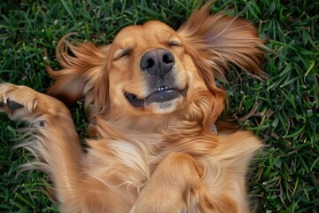 Petting Dog. Happy Labrador Retriever Lying Down on Green Lawn