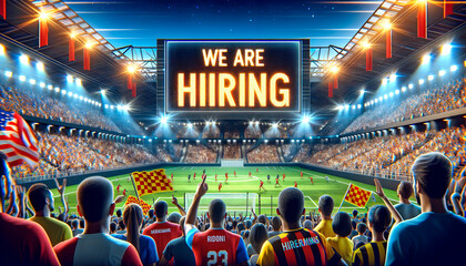 Fototapeta premium Stadium job event concept, with crowd facing ‘We Are Hiring’ sign, suitable for large-scale recruitment and sports-related career fairs.