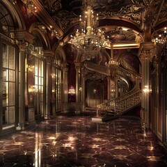 An opulent baroque interior with a sweeping red marble staircase, gold accents, and a sense of luxury and history