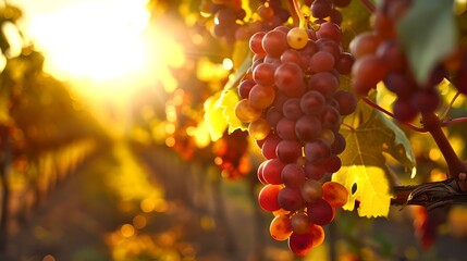 Sun kissed grapevines in a vineyard at sunset. Lush, ripe grapes ready for harvest. Agricultural beauty, natural and rustic charm captured in golden light. Perfect for autumn themes. AI - obrazy, fototapety, plakaty