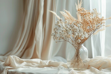 minimalist arrangement of dried flowers and grasses in a glass vase, boho style