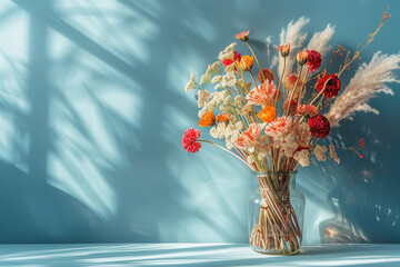 minimalist arrangement of dried flowers and grasses in a glass vase, boho style - obrazy, fototapety, plakaty