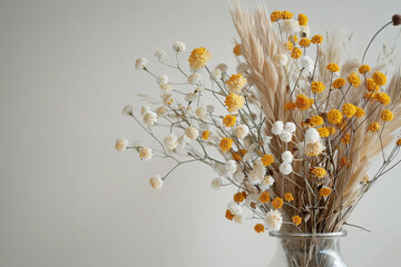 minimalist arrangement of dried flowers and grasses in a glass vase, boho style