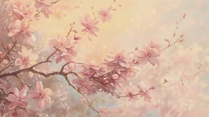 Oil paint, cherry blossoms in spring, pastel pinks, dawn, low angle, floral softness. 