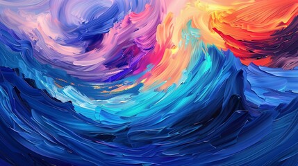 Oil painting Abstract, fractal waves, oil effect, neon palette, night, panoramic, flowing motion. 