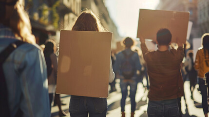 Urban protesters march change, backlight silhouettes blank signs. Protest demostration, activism